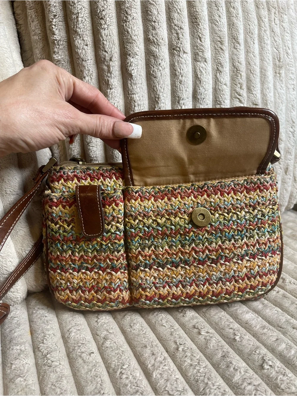 Rosetti Multicolor Woven Straw Crossbody Bag Brown Leather Trim Purse - Picture 3 of 8